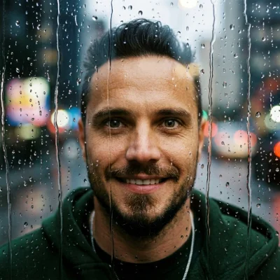 Rain-Streaked Glass Night Portrait