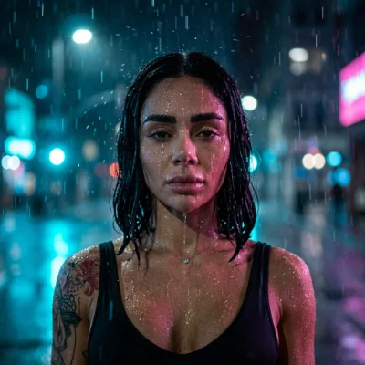 Neon Rain Soaked Night Portrait
